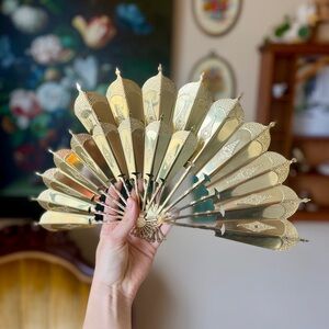 ☾ Vintage mid-century modern MCM gold metal wall art fans
